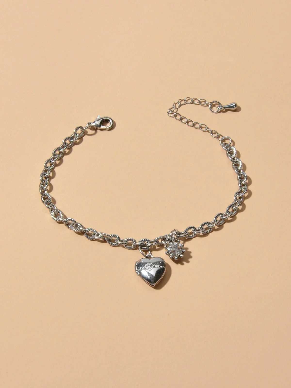 Anniversary Wedding Jewellery Silver Chain Rhinestone Decor Heart Charm Bracelet-3