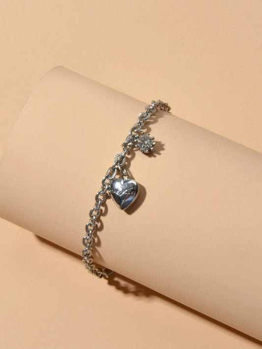 Anniversary Wedding Jewellery Silver Chain Rhinestone Decor Heart Charm Bracelet-1