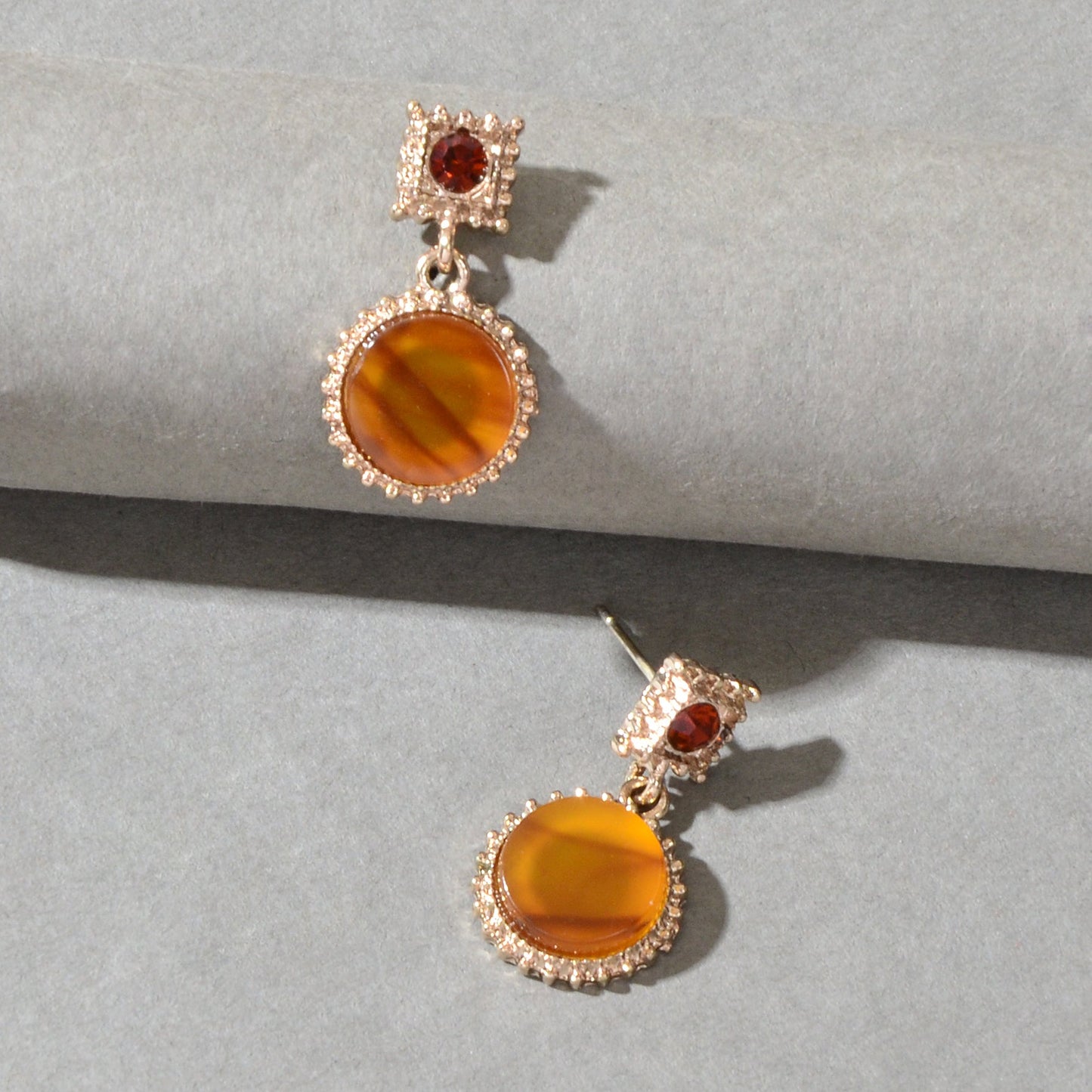 Textured Red Rhinestone Yellow Simulated Gemstone Round Charm Dangle Earrings-2