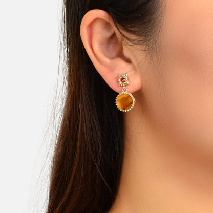 Textured Red Rhinestone Yellow Simulated Gemstone Round Charm Dangle Earrings-0
