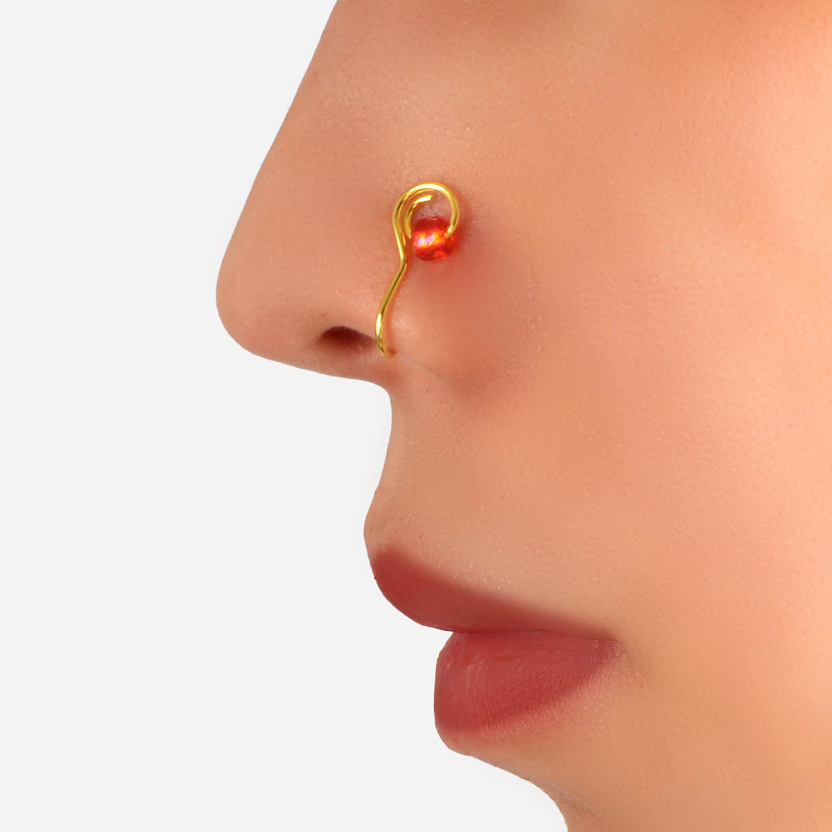 Faux Lip Ear Nose 1pc Metal Circle Red Beads Non Piercing Clip On Nose Hoop Ring-0