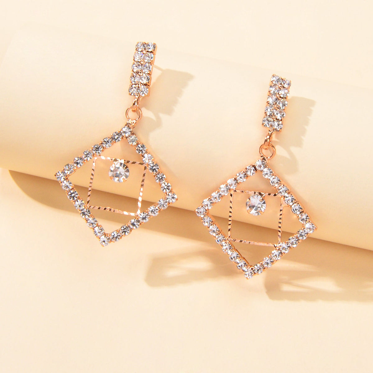 Anniversary Wedding Jewelry Luxury Full Rhinestone Square Dangle Bridal Earrings-2