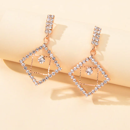Anniversary Wedding Jewelry Luxury Full Rhinestone Square Dangle Bridal Earrings-2