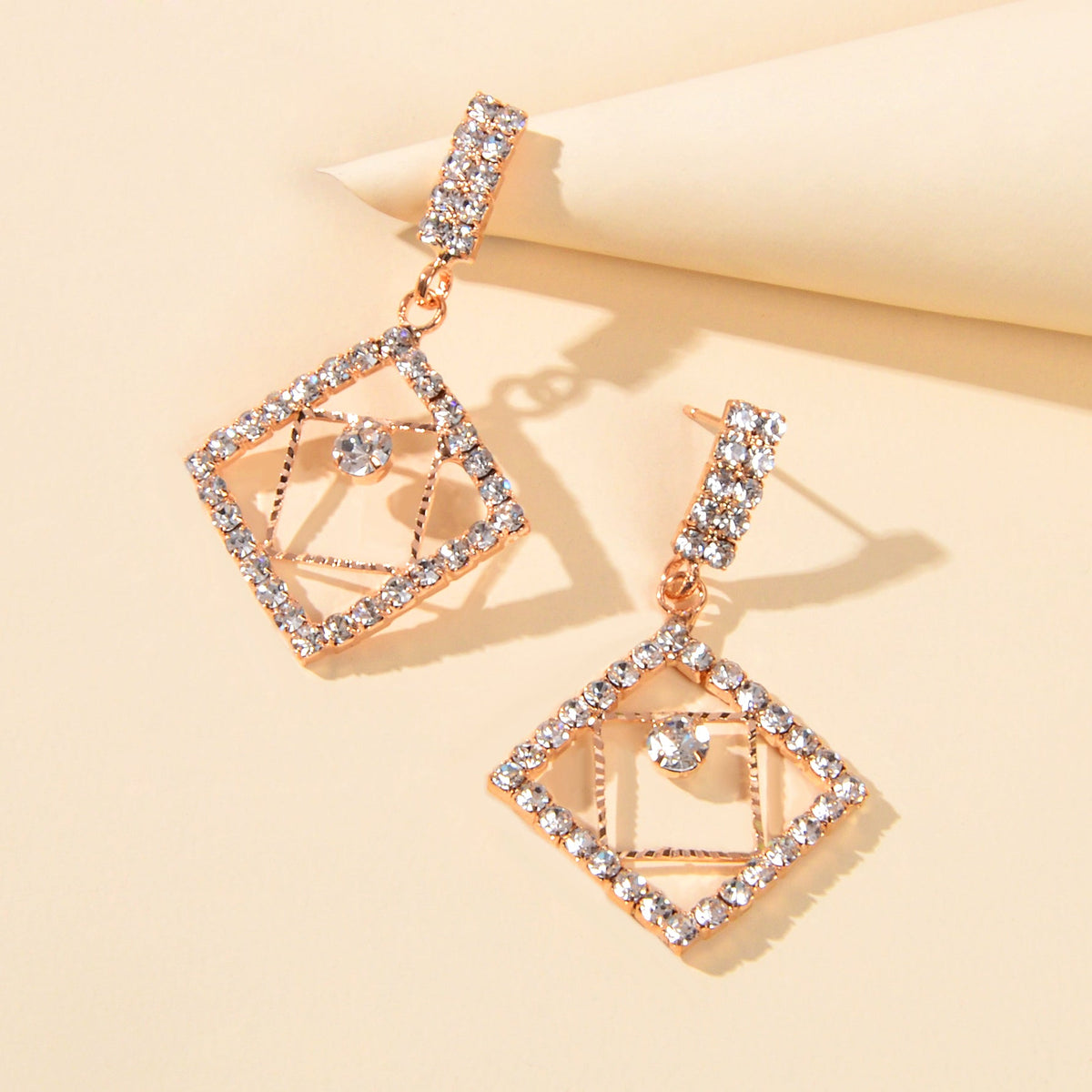 Anniversary Wedding Jewelry Luxury Full Rhinestone Square Dangle Bridal Earrings-3