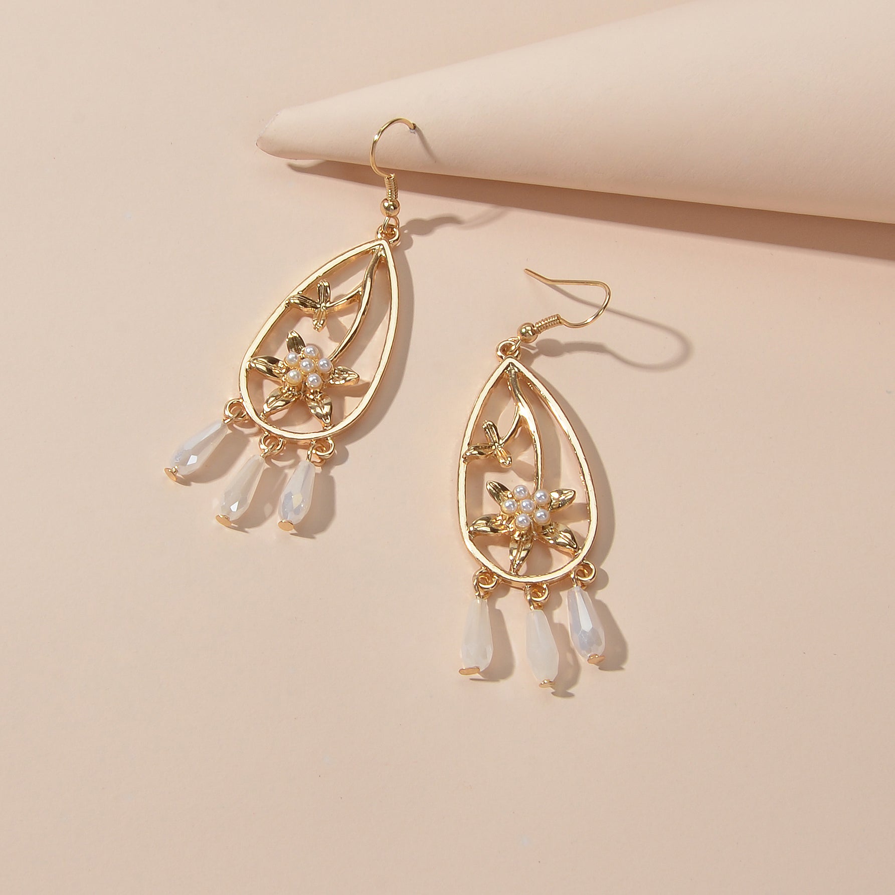 Courtly Style Pearl Flower Beads Charm Hollow Water Drop Dangle Hook Earrings-1