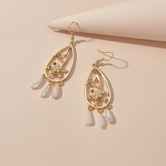 Courtly Style Pearl Flower Beads Charm Hollow Water Drop Dangle Hook Earrings-1