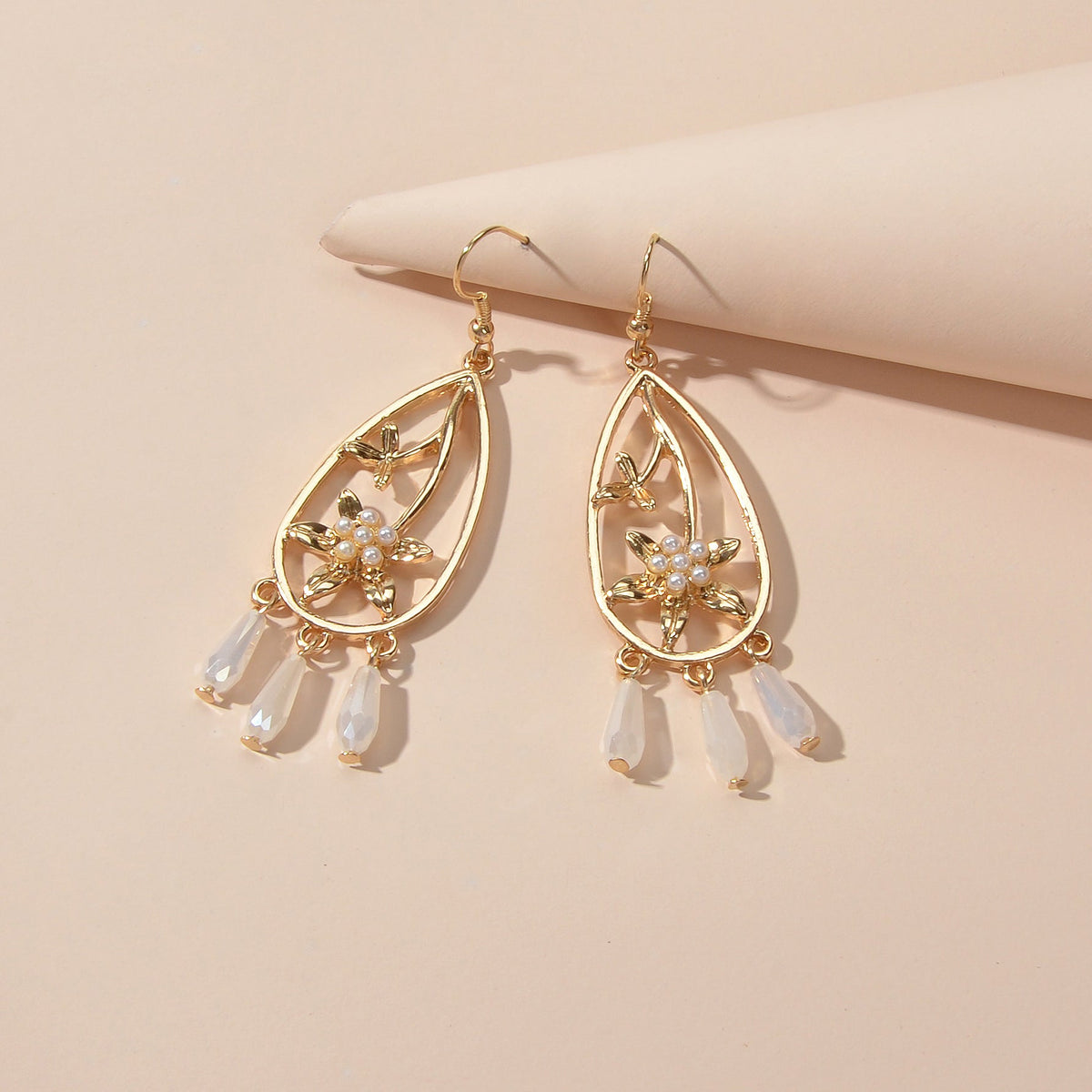 Courtly Style Pearl Flower Beads Charm Hollow Water Drop Dangle Hook Earrings-2