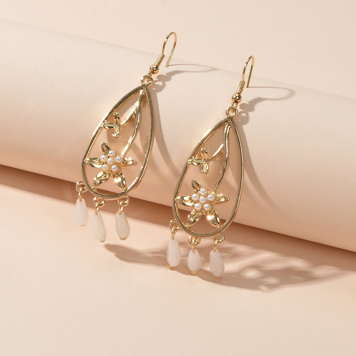 Courtly Style Pearl Flower Beads Charm Hollow Water Drop Dangle Hook Earrings-3