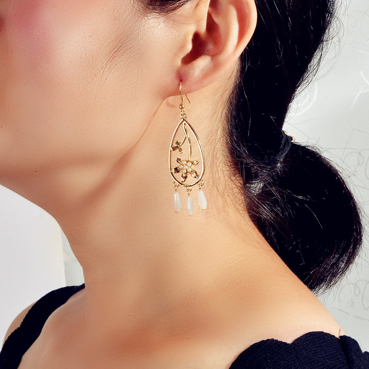 Courtly Style Pearl Flower Beads Charm Hollow Water Drop Dangle Hook Earrings-0
