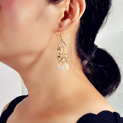 Courtly Style Pearl Flower Beads Charm Hollow Water Drop Dangle Hook Earrings-0