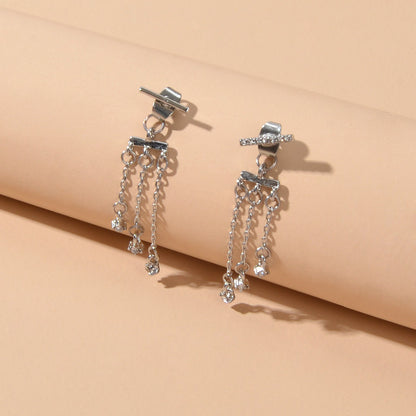 Delicate Jewelry Rhinestone Decor Silver Chain Tassel Charm Earrings Ear Jacket-1