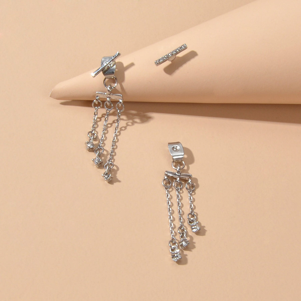 Delicate Jewelry Rhinestone Decor Silver Chain Tassel Charm Earrings Ear Jacket-3