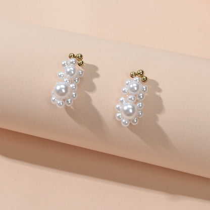 Retro Handmade Braided Pearl Beads Flower Stud Pierced Earring for Wedding Party-1