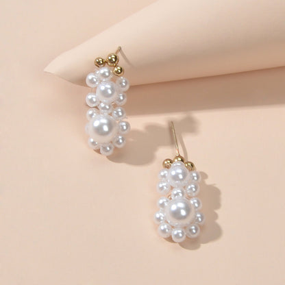 Retro Handmade Braided Pearl Beads Flower Stud Pierced Earring for Wedding Party-2