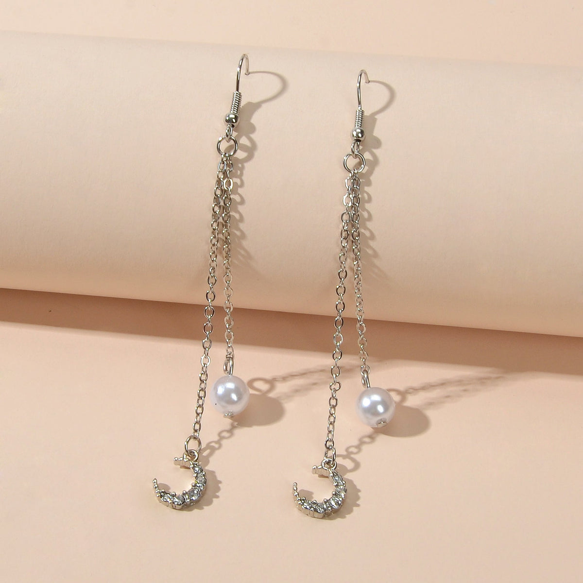 Dangling Elements Pearl Charm Gold Silver Long Chain Rhinestone Moon Earrings-2