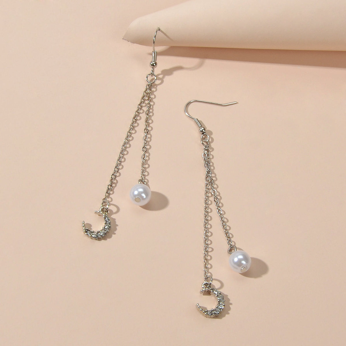 Dangling Elements Pearl Charm Gold Silver Long Chain Rhinestone Moon Earrings-3