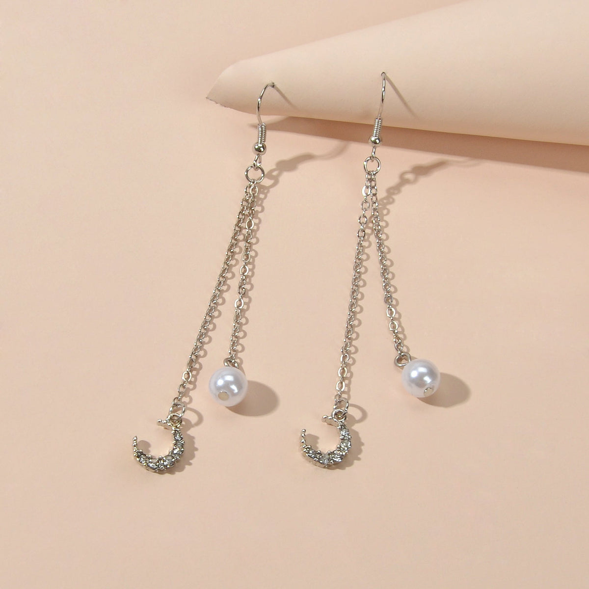 Dangling Elements Pearl Charm Gold Silver Long Chain Rhinestone Moon Earrings-4