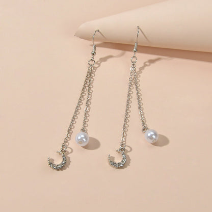 Dangling Elements Pearl Charm Gold Silver Long Chain Rhinestone Moon Earrings-4