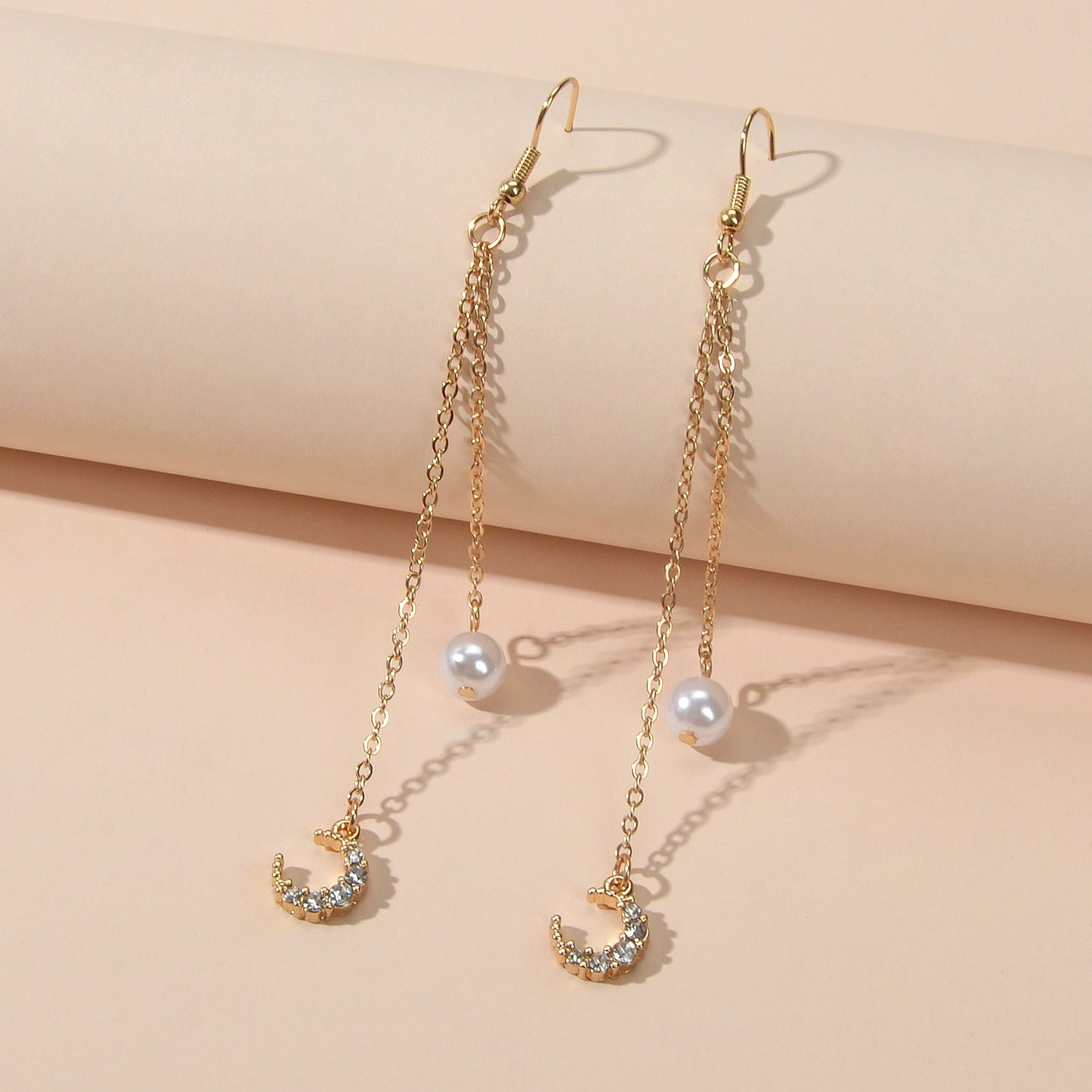 Dangling Elements Pearl Charm Gold Silver Long Chain Rhinestone Moon Earrings-1