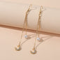 Dangling Elements Pearl Charm Gold Silver Long Chain Rhinestone Moon Earrings-1