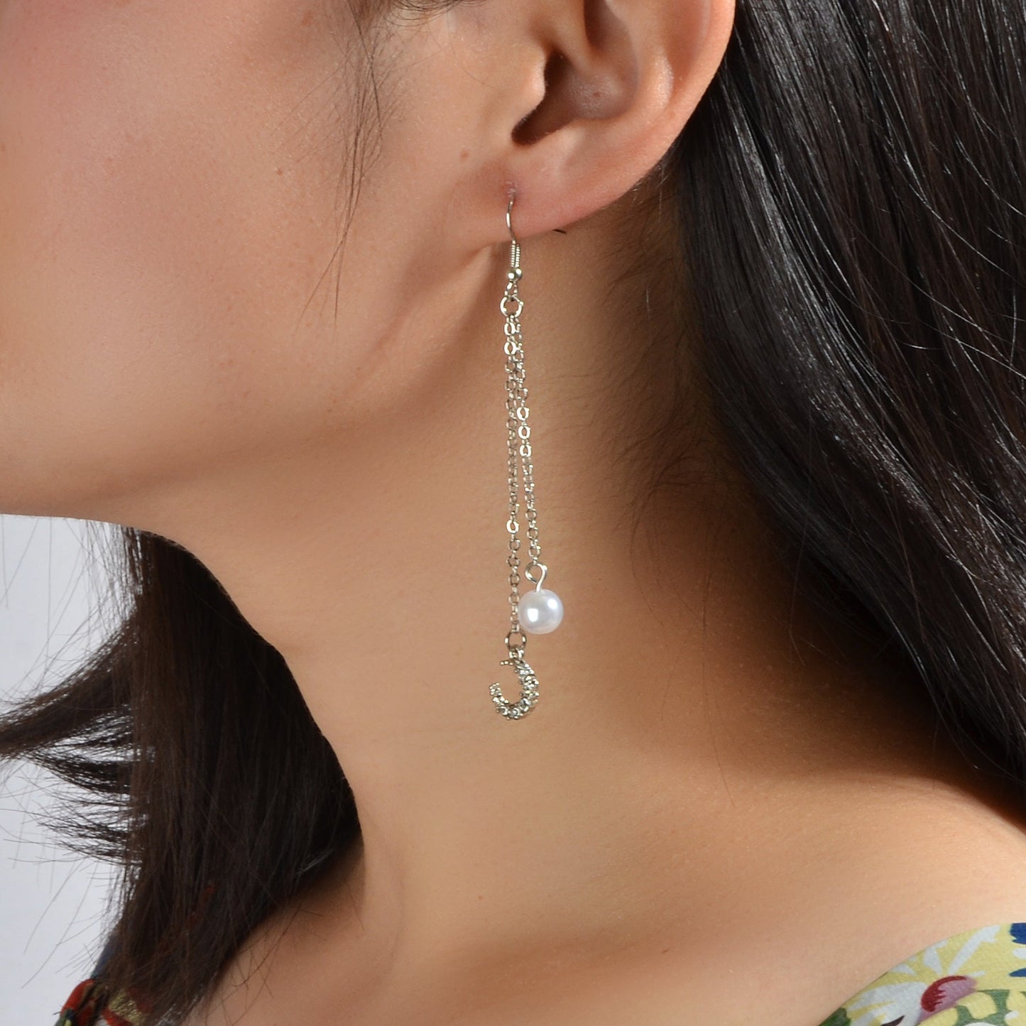 Dangling Elements Pearl Charm Gold Silver Long Chain Rhinestone Moon Earrings-0