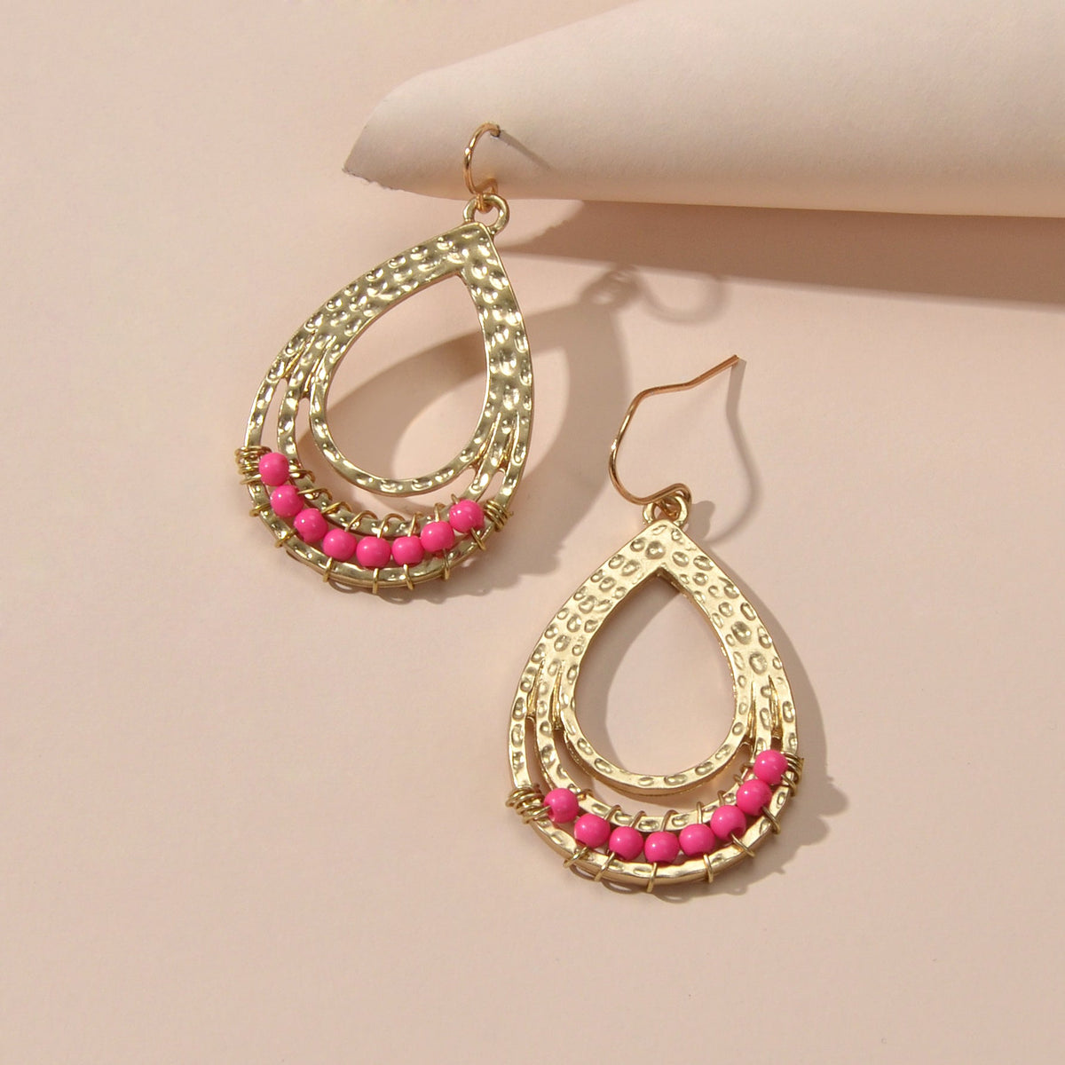 Ethnic Hotpink Beads Handmade Hollow Water Drop Bohemian Traditional Earrings-2