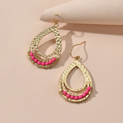 Ethnic Hotpink Beads Handmade Hollow Water Drop Bohemian Traditional Earrings-2