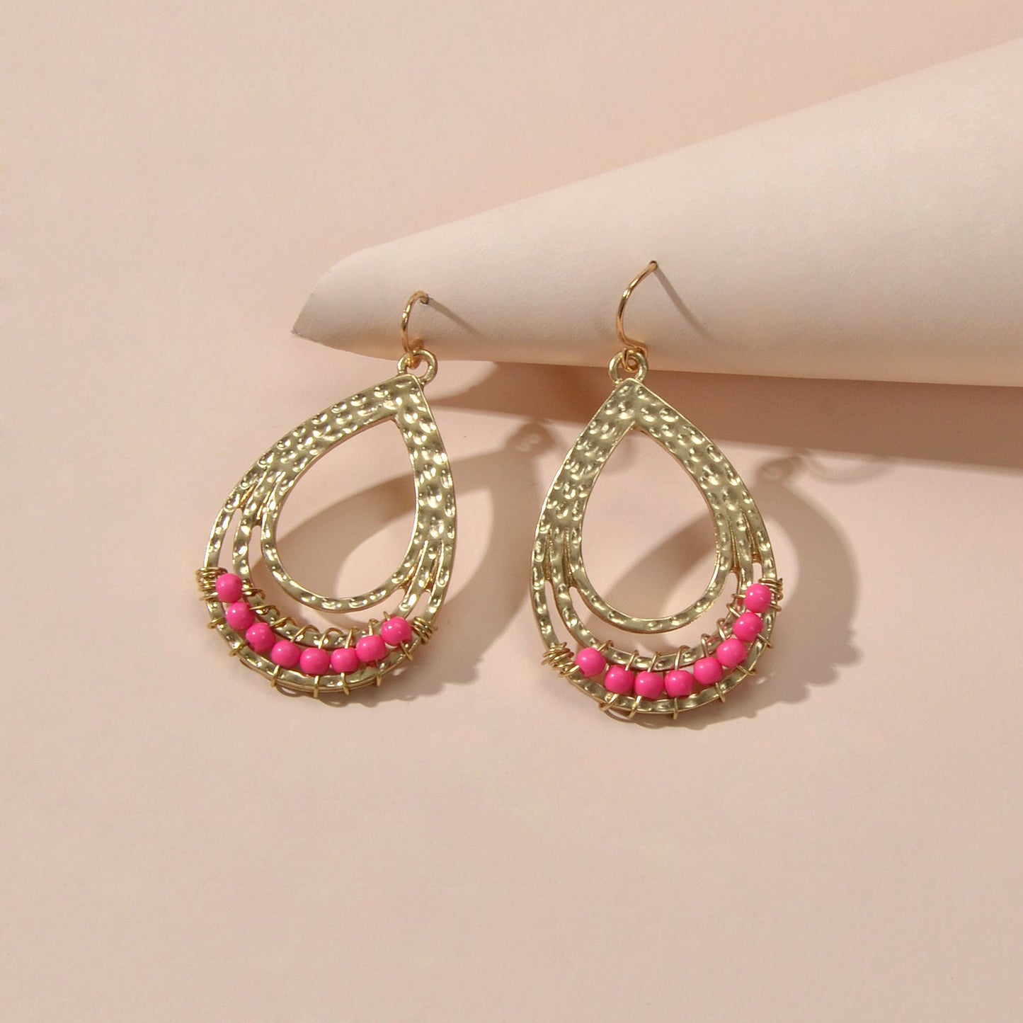 Ethnic Hotpink Beads Handmade Hollow Water Drop Bohemian Traditional Earrings-3
