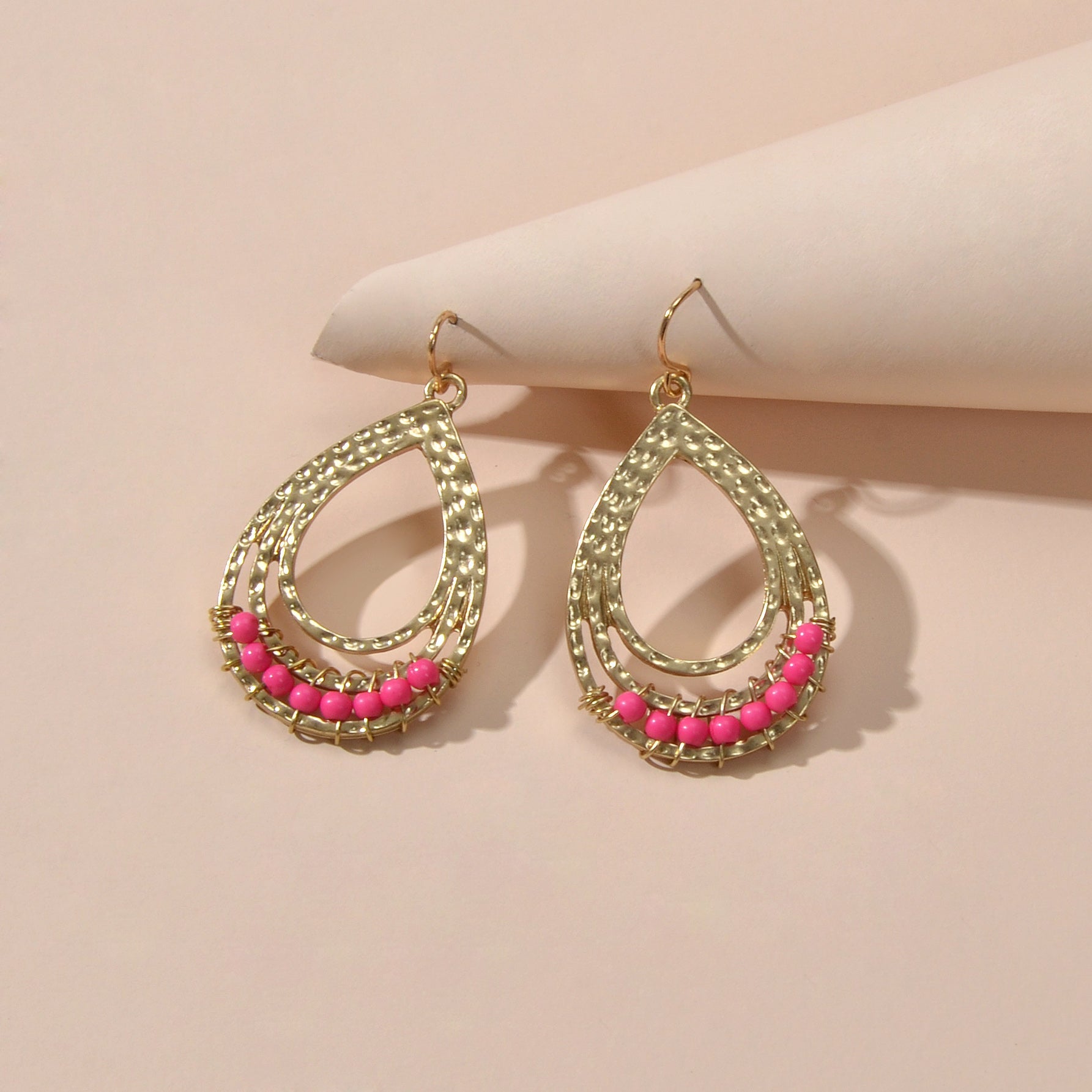Ethnic Hotpink Beads Handmade Hollow Water Drop Bohemian Traditional Earrings-3
