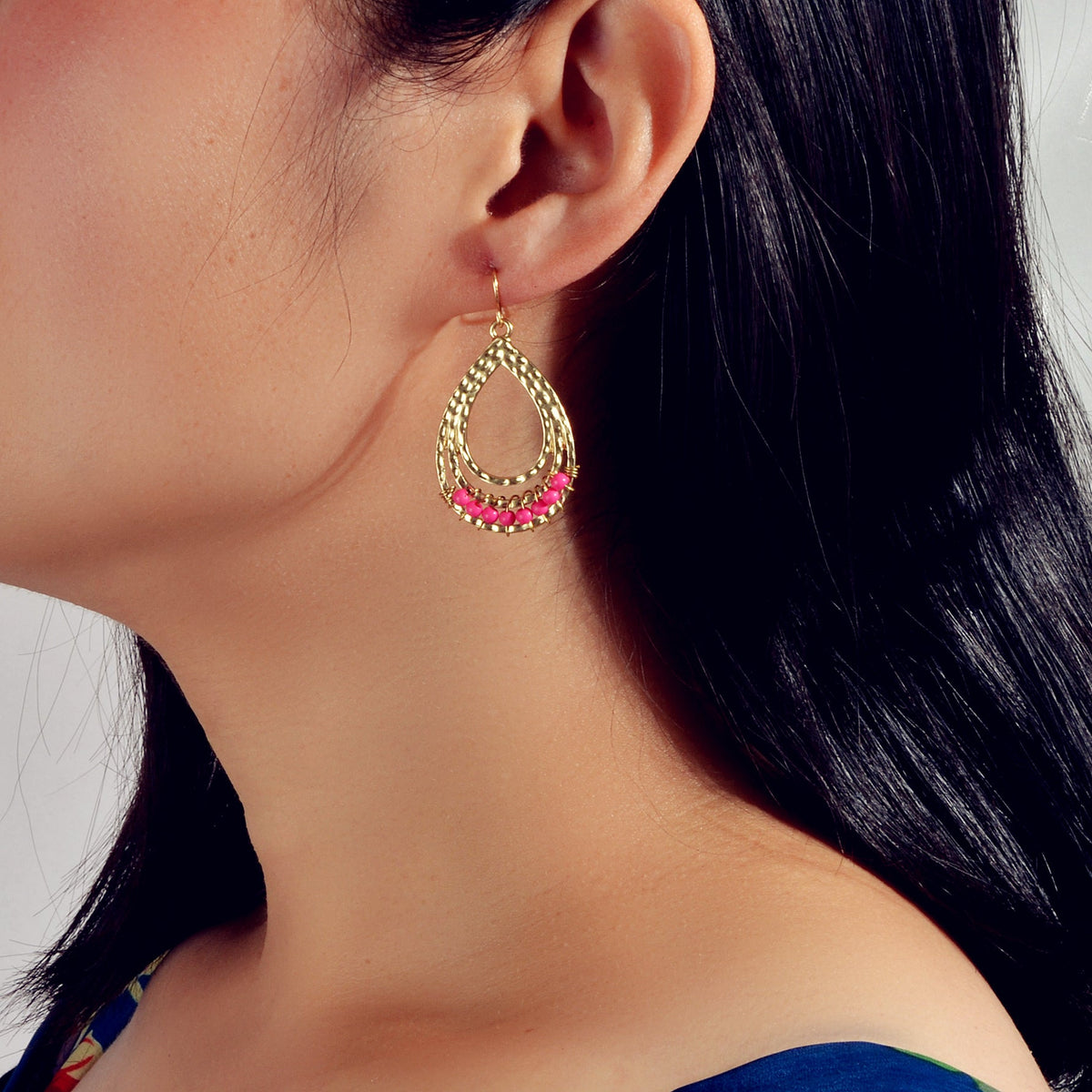Ethnic Hotpink Beads Handmade Hollow Water Drop Bohemian Traditional Earrings-0