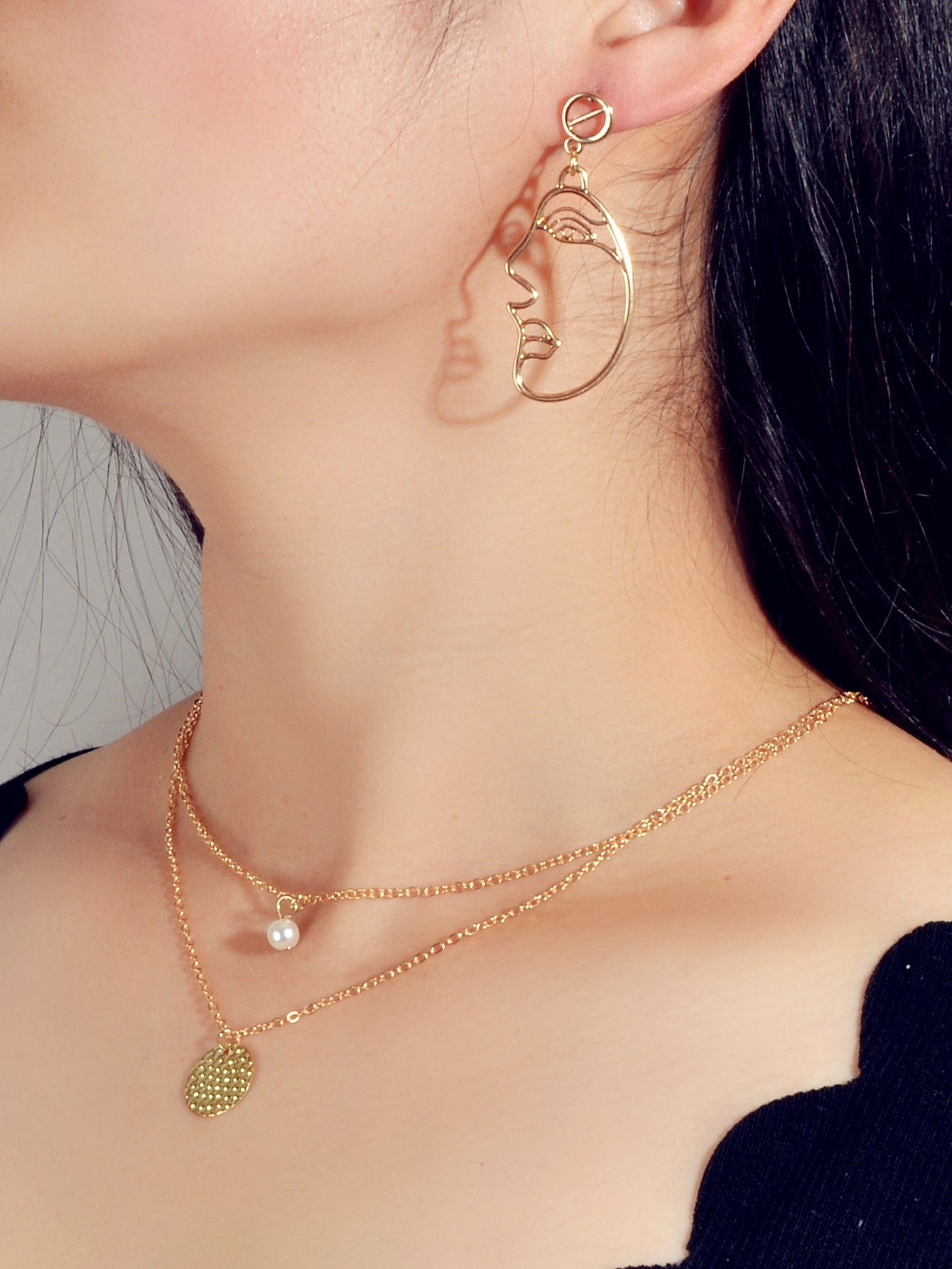 Gold Double Layered Chain Necklace Set with Face Profile Pendant Earrings Gift-0