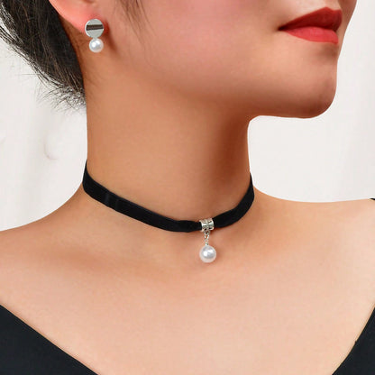 Black Velvet Pearl Pendant Necklace & Stud Earrings - Timeless Charm Jewelry Set-0