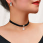 Black Velvet Pearl Pendant Necklace & Stud Earrings - Timeless Charm Jewelry Set-0