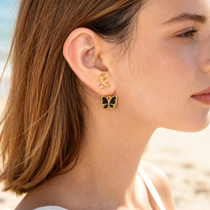2pcs Vintage Butterfly Ear Cuffs Trendy Black Enamel Gold No Piercing Earrings-1
