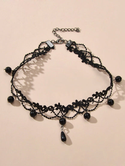 Black Lace Choker Water Drop Gothic Necklace Punk Collar Halloween Jewellery-2