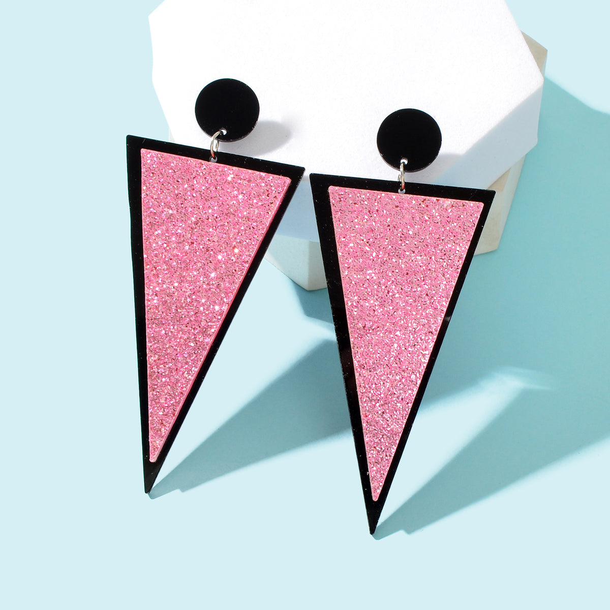 Shining Pink Sequin Decor Acrylic Triangle Geometric Dangle Earrings for Party-0