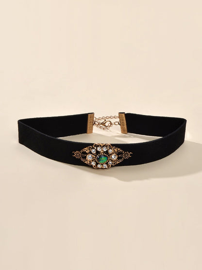90s Retro Antique Gold Flower Black Velvet Tattoos Choker Necklace Gothic Collar-2