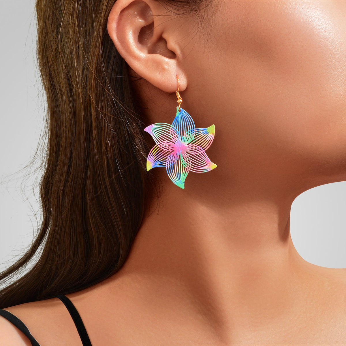 Y2k Jewelry Colorful Hollow Flower Metal Dangle Earrings Party Daily Vacation Jewelry Rave Accessories-0
