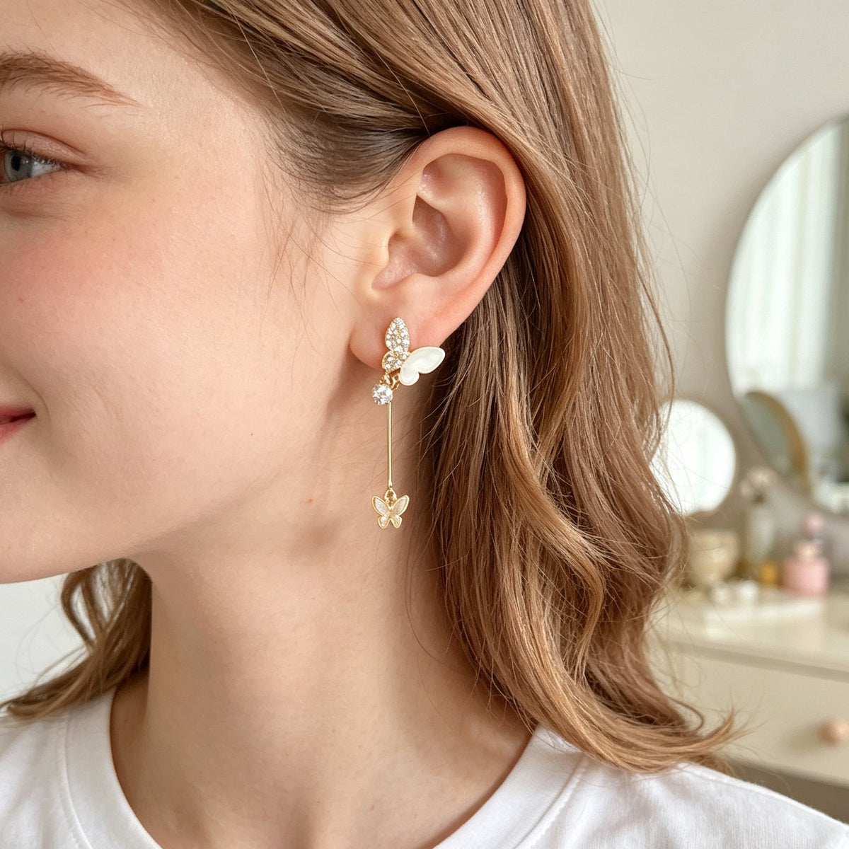 Gold Shiny Double Butterfly Long Dangle Earrings Exquisite Evening Party Jewelry-0