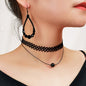 Black Lace Necklace with Teardrop Pendant Earrings Set - Elegant Gothic Jewelry-0