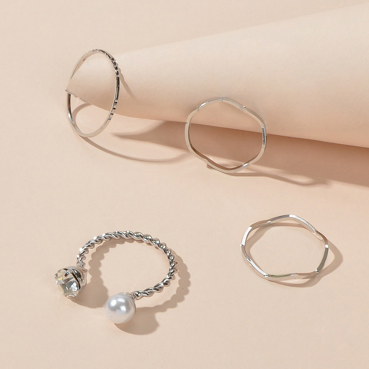 4 pcs Trendy Minimalist Silver Geometric Stackable Multiple Midi Finger Ring Set-3