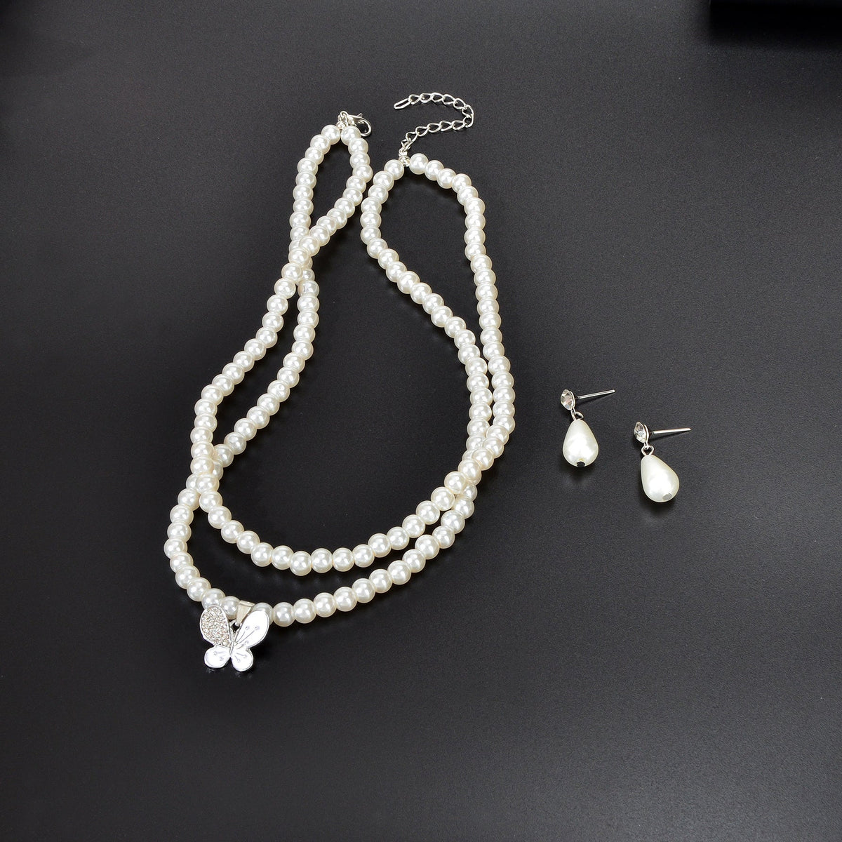 Imitation Pearl Double layered Necklace Water Drop Earrings Banquet Wedding Jewellery set-2