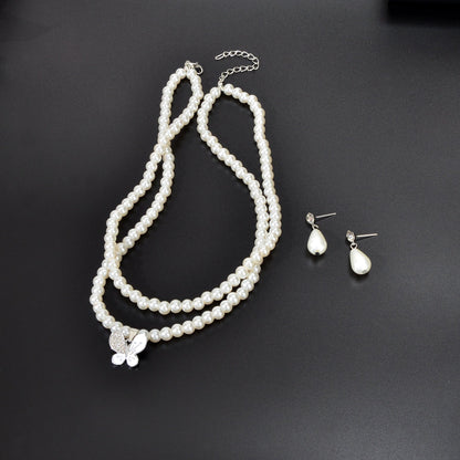 Imitation Pearl Double layered Necklace Water Drop Earrings Banquet Wedding Jewellery set-2