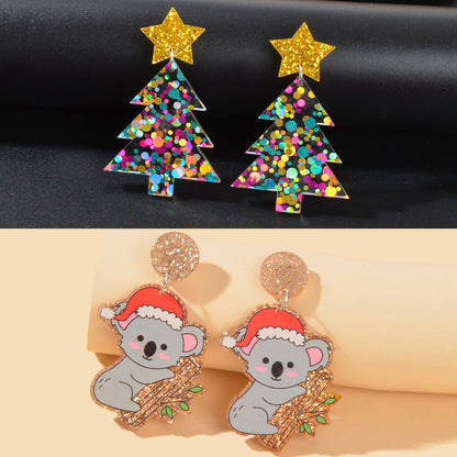 2 pairs Christmas Festival Jewelry Sequin Decor Acrylic Tree Koala Earrings set-0