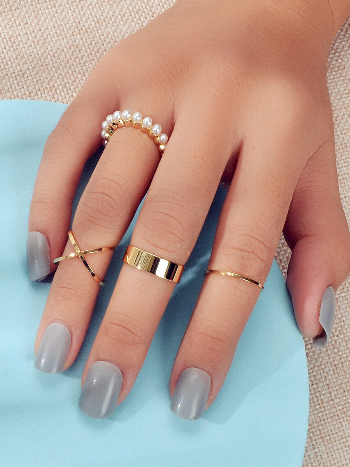 4 pcs Fashion Jewellery Pearl Decor Gold Geometric Midi Finger Knuckle Rings set-2