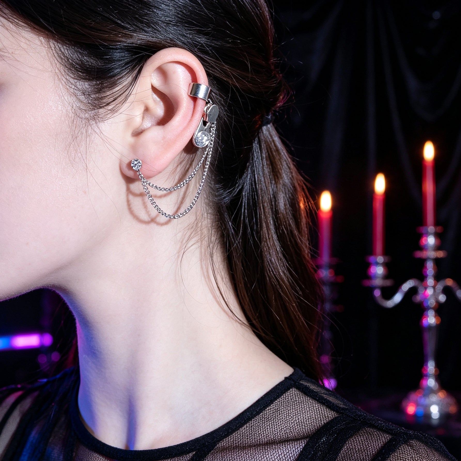1 pc Y2K Silver Zipper Tassel Chain Ear Cuff Climber Earring Personality Daily Street Party Accessories-0
