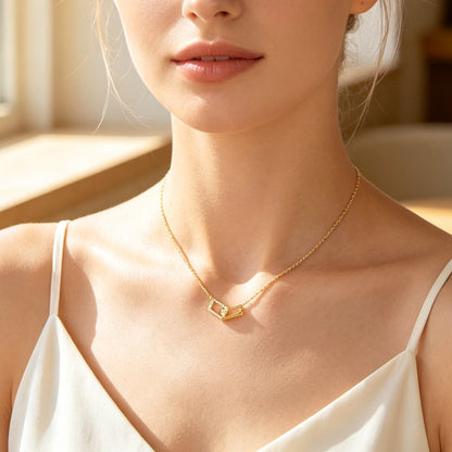Gold Geometric Crystal Inlaid Square Link Pendant Necklace Minimalist Jewellery-0