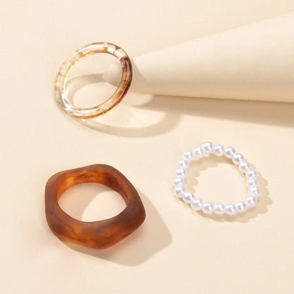 Multiple 3 pcs White Brown Resin Chunky Pearl Elastic Stackable Finger Ring Set-3