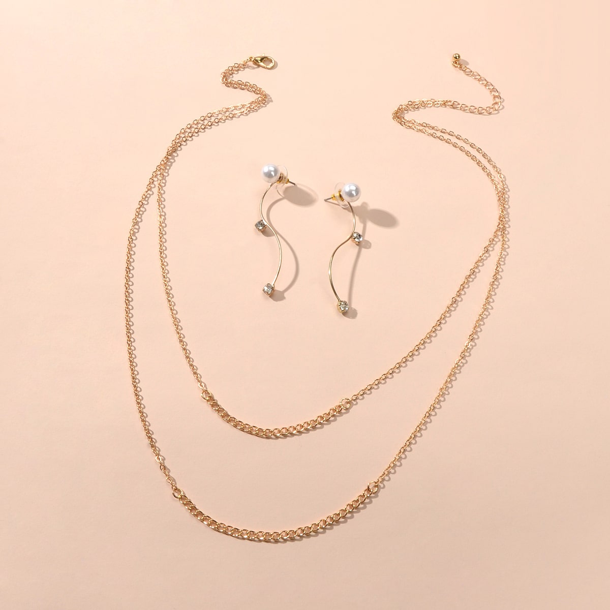 Gold Curved Earrings & Double Layer Necklace Set - Stylish Jewelry Ensemble-0