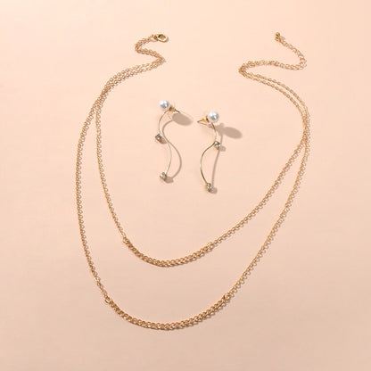 Gold Curved Earrings & Double Layer Necklace Set - Stylish Jewelry Ensemble-0